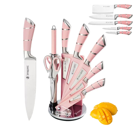 Knife Set 9-Piece Kitchen Knife Set with SharpenerScissors Non Stick Sharp Stainless Steel Chef Knife Set with Acrylic bracket for Kitchen Cutting Slicing Dicing Chopping (Pink)