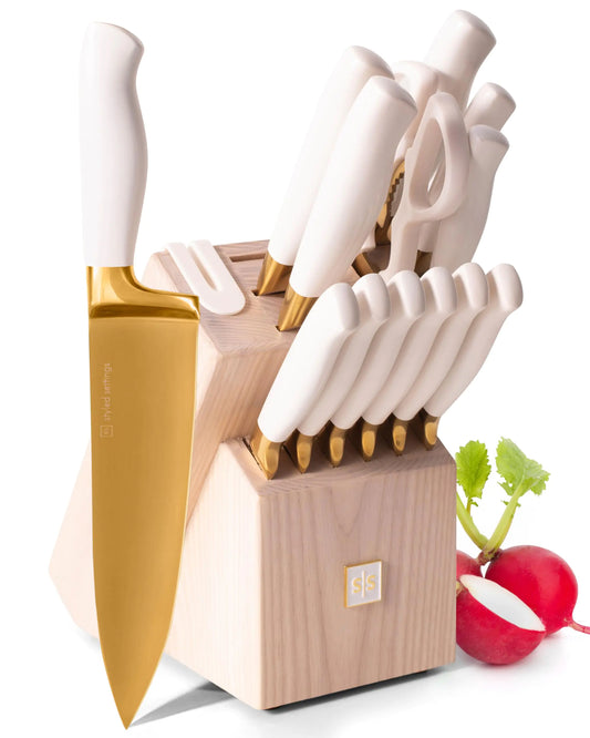White and Gold Knife Set with Block Self Sharpening - 14 Piece Luxurious Titanium Coated Gold and White Kitchen Knife Set & Ashwood Knife Block with Sharpener - White and Gold Kitchen Accessories