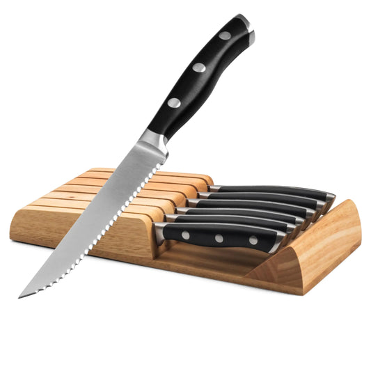 Alata 6-Piece Steak Knives Set with Block Stainless Steel Steak Knife set with Serrated Edge Razor-Sharp Full-Tang Construction Dishwasher Safe