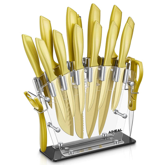 Aiheal Knife Set 16 Pieces High Carbon Stainless Steel Golden Color Kitchen Knife Set Titanium Coating Blade No Rust and Super Sharp Cutlery Knife Set with Acrylic Stand and Kitchen Scissors Gift