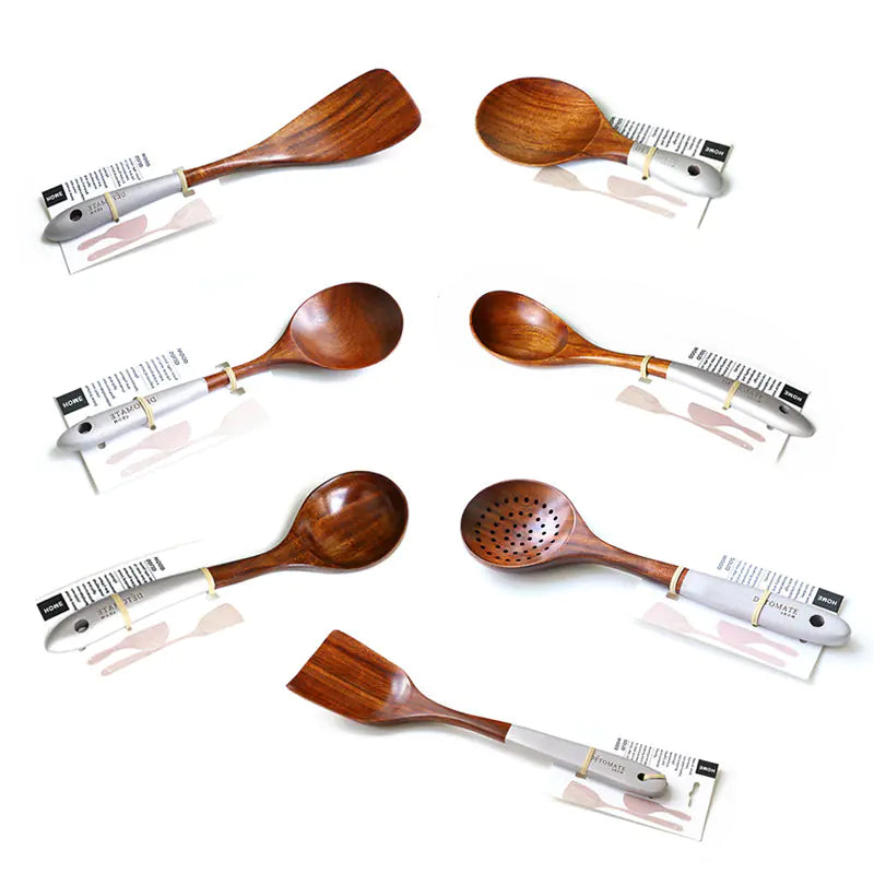 Colorful Teak Kitchen Utensils Set with Soup Spoon