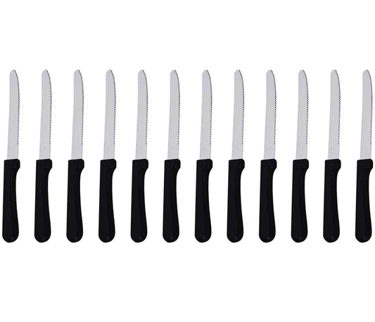 Tezzorio (Set of 12) 5-Inch Blade Steak Knives Stainless Steel Rounded Serrated Blade Steak Knives with Plastic Handles for Restaurants