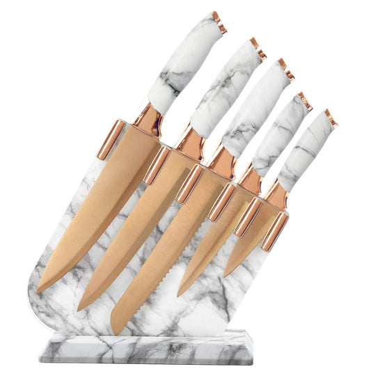 Knife Set Non Stick Champagne Gold Knives Set with Acrylic Storage Block 6 Pieces Sharp Knife Set Stainless Steel Beautiful White Marbling Handle Rainbow Blade Kitchen Knife (Champagne Gold Blade)