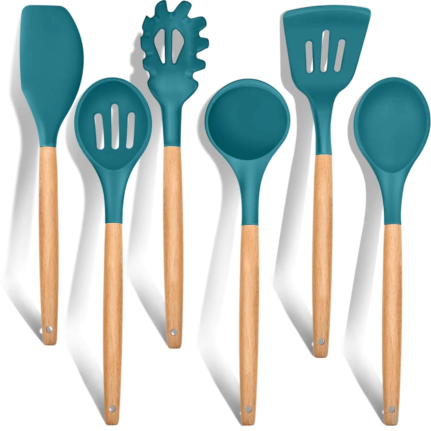 Kitchen Utensils Set of 6 E-far Silicone Cooking Utensils with Wooden Handle Non-stick Cookware Friendly Includes Spatula/Ladle/Slotted Turner/Serving Spoon/Spaghetti Server(Teal Blue)