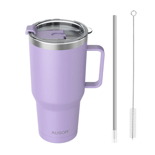 AUSOR 30 oz Tumbler with Lid and StrawWater Bottle with HandleInsulated Tumbler for Hot & ColdStainless Steel Tumbler Coffee Travel Mug Cups Reusable Purple