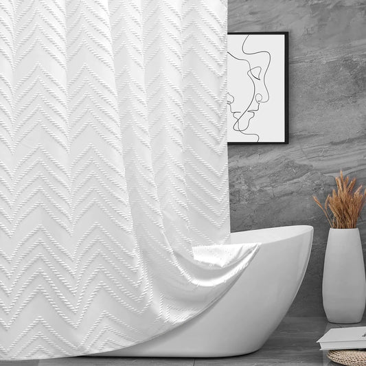 96inche Extra Long Shower Curtains 72 x 96 Inches White Tufted Chevron Striped Fabric Shower Curtains for Bathroom Modern Shabby Chic Waterproof Cloth Shower Curtain Set with Hooks White