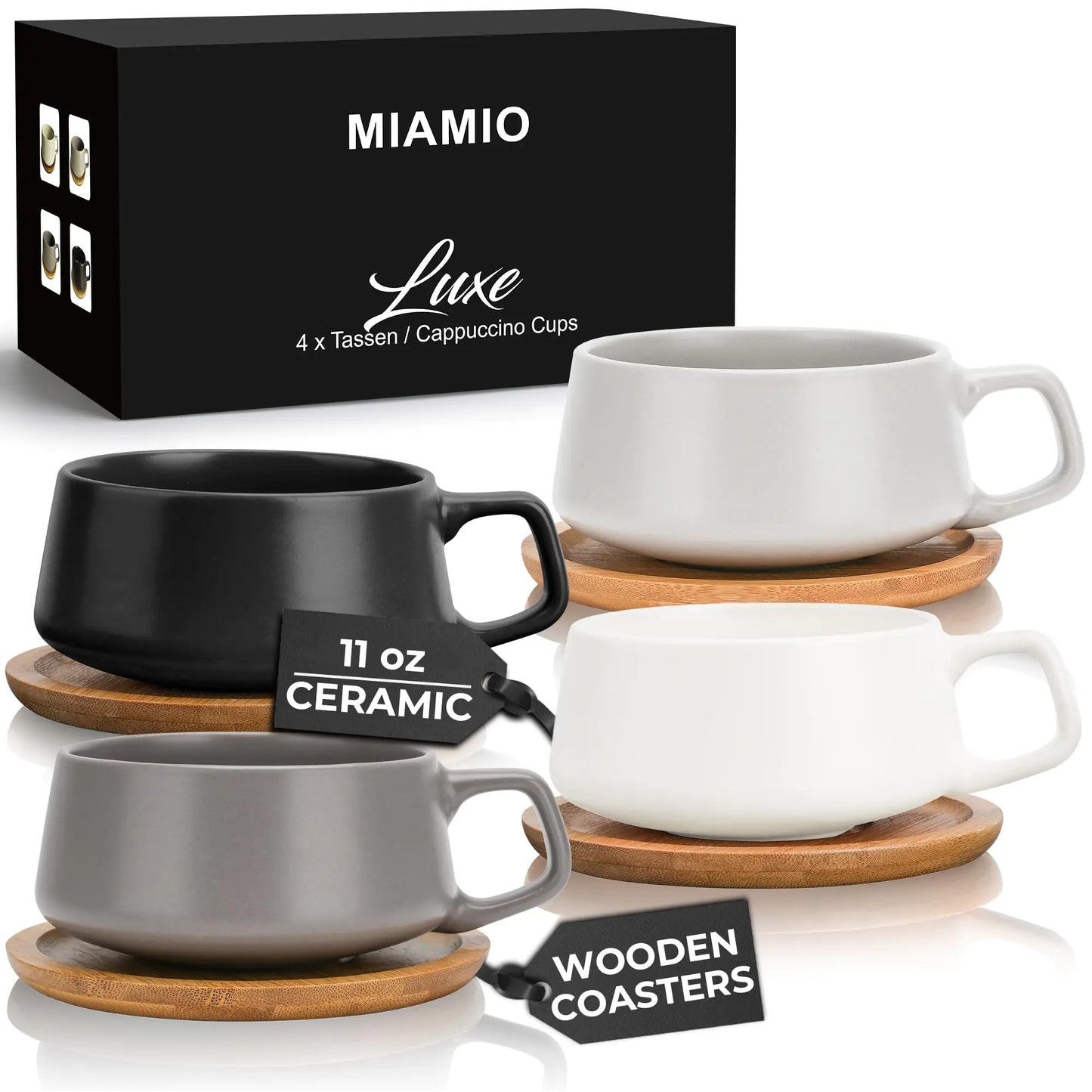 MIAMIO – 11 Oz. Set of 4 Ceramic Tea Cup and Saucer Bamboo/Tea Mug - Wide Cappuccino Cup Coffee Cups Ceramic Mug for Cappuccino Latte Espresso & Americano - Luxe Collection (Classic Pastel)