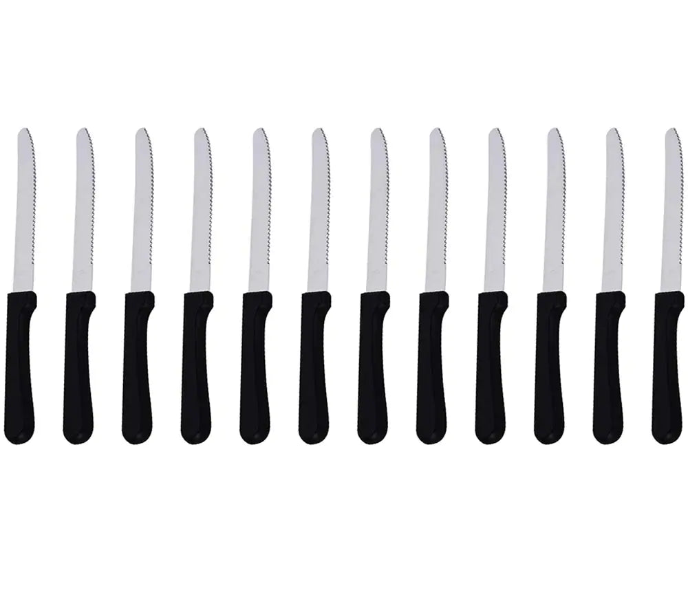 Tezzorio (Set of 12) 5-Inch Blade Steak Knives Stainless Steel Rounded Serrated Blade Steak Knives with Plastic Handles for Restaurants