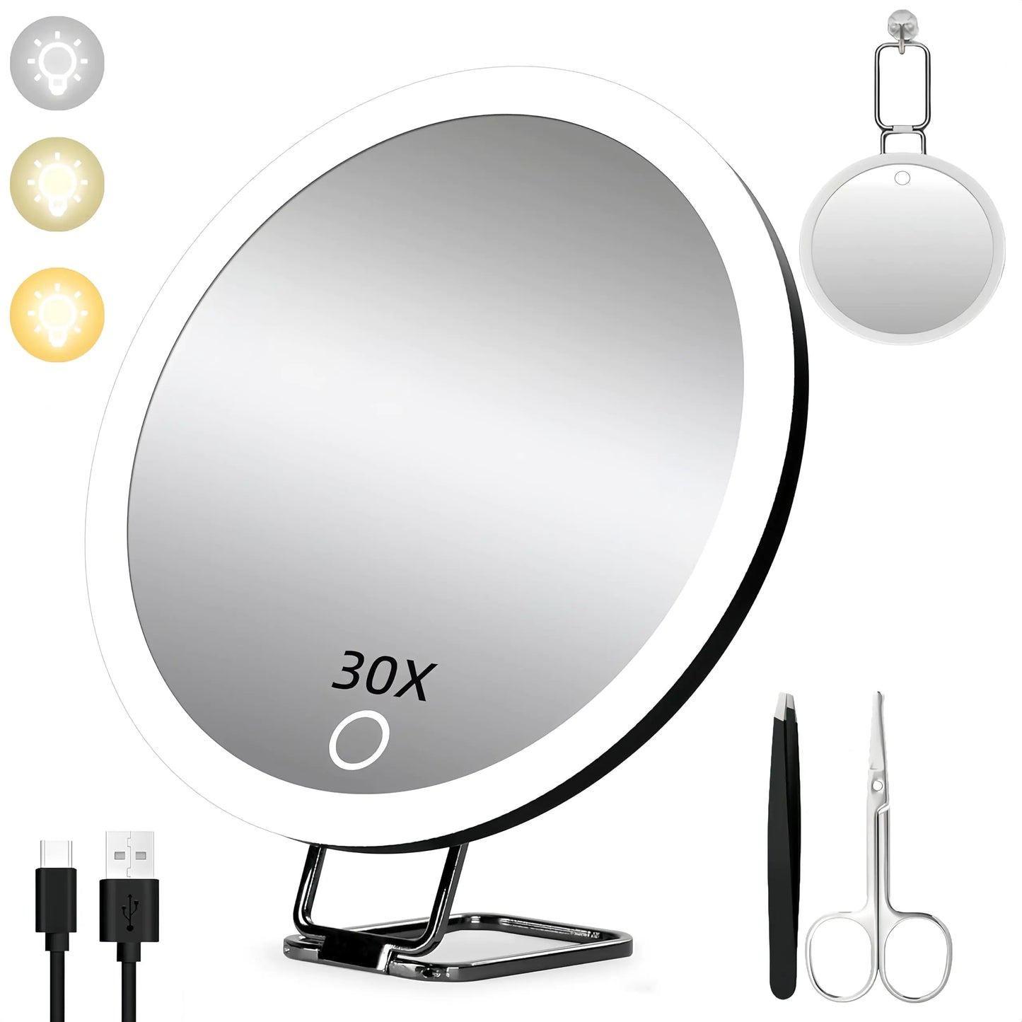Travel Makeup Mirror with Lights 30x Magnifying Mirror with Light Travel Mirror with 3 Suction Cups & Table Stand Lighted Makeup Mirror with Magnification Portable USB Rechargeable Make Up Mirrors