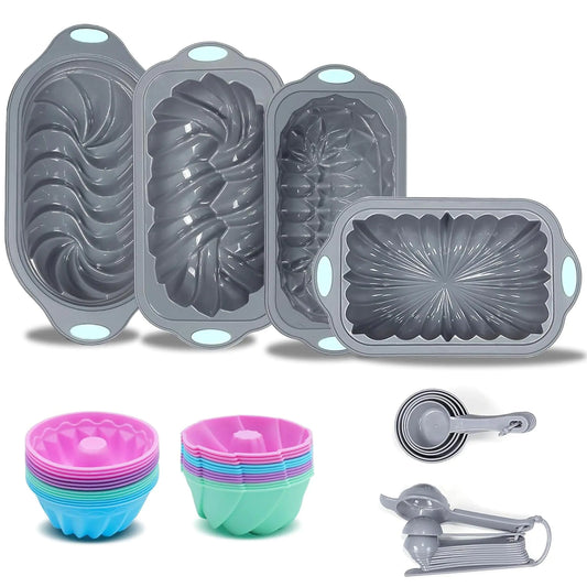 Tongjude 45 Pieces Silicone Loaf Pan for Baking Bread 6 Cups Silicone Baking Pans Set Baking Cups Non-Stick Kitchen Oven Baking Pans with Measuring Cups and Spoons Set Grey