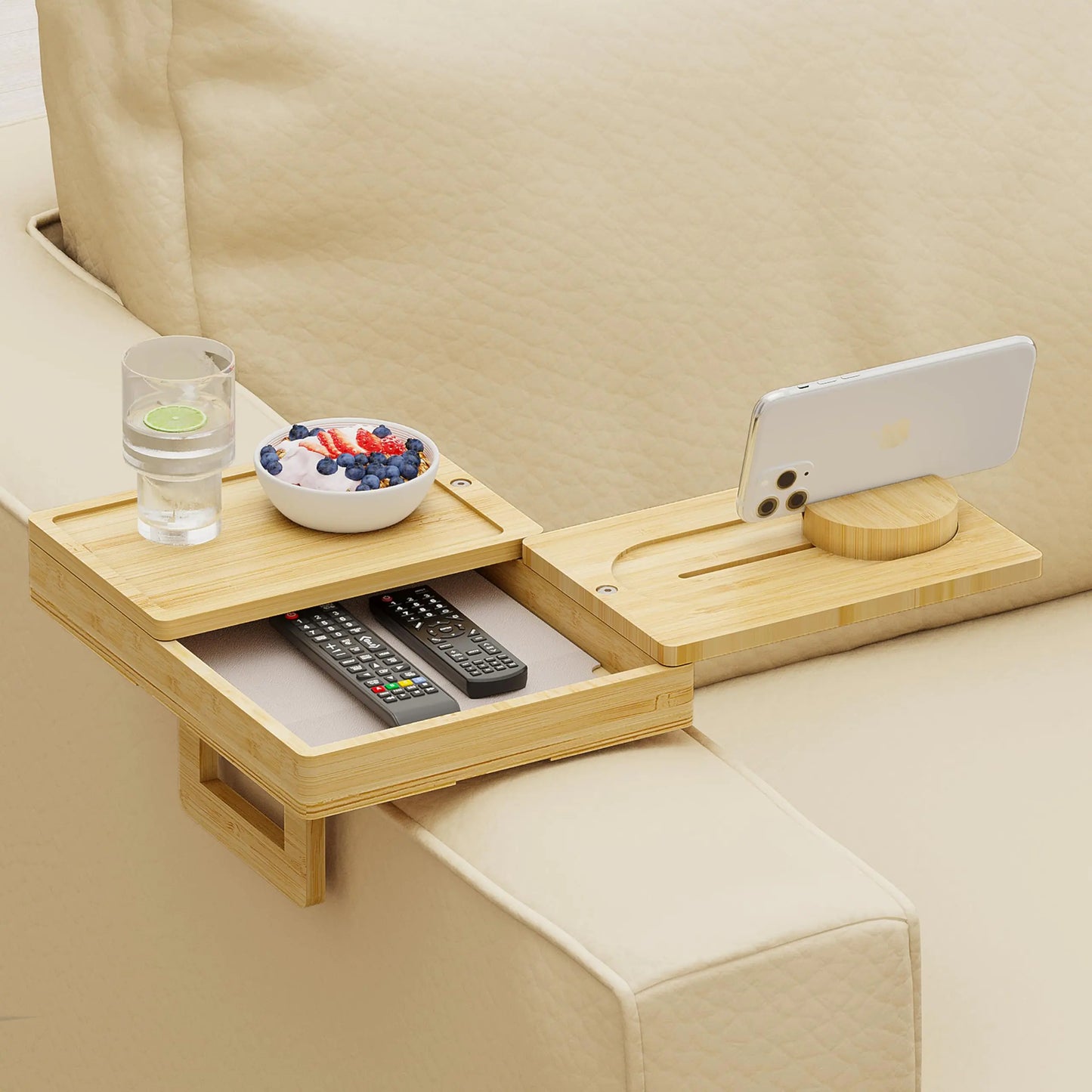 Wealone Bamboo Couch Arm Tray with 2 Rotatable Tray Adjustable Sofa Arm Clip Table with Storage Box & 360° Phone Holder Couch Armrest Table for Snacks Drinks or Dining
