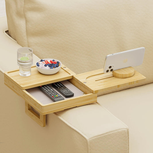 Wealone Bamboo Couch Arm Tray with 2 Rotatable Tray Adjustable Sofa Arm Clip Table with Storage Box & 360° Phone Holder Couch Armrest Table for Snacks Drinks or Dining