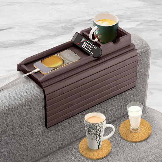Couch Cup Holder with 2 Cork Coasters | Couch Caddy with Detachable Couch Cup Holder Tray | Anti-Slip Foldable Sofa Table Tray - Cup Holder Tray for Drinks Cup Cellphone Remote Snacks (Walnut)