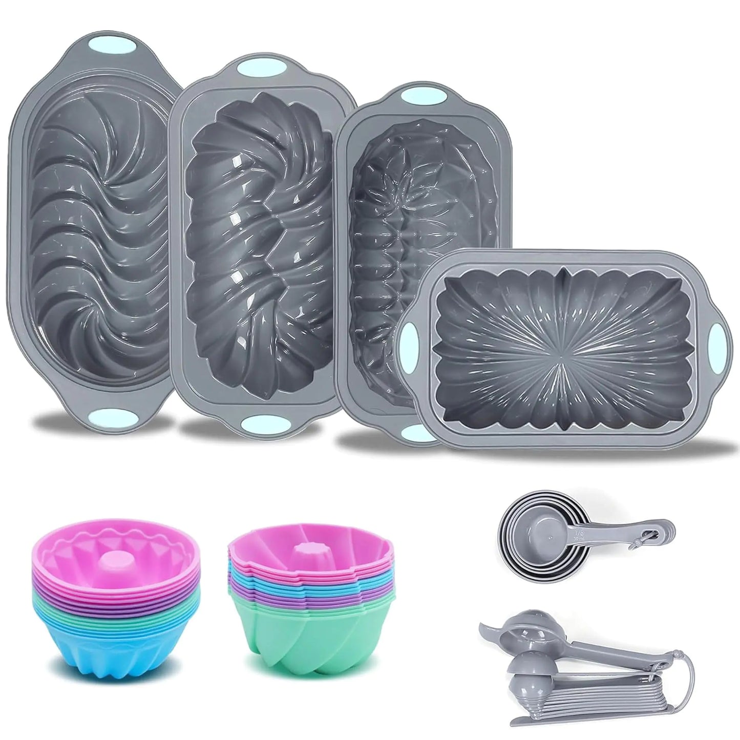 Tongjude 45 Pieces Silicone Loaf Pan for Baking Bread 6 Cups Silicone Baking Pans Set Baking Cups Non-Stick Kitchen Oven Baking Pans with Measuring Cups and Spoons Set Grey