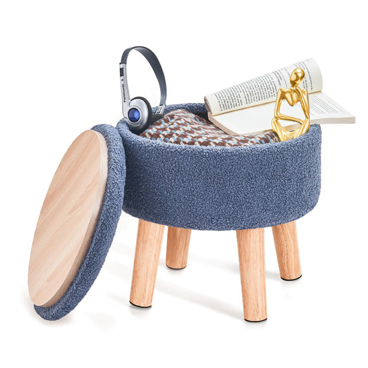 Poofzy Ottoman with Storage Storage Ottoman Small Foot Stool Ottoman with Wood Legs Teddy Velvet Foot Rest for Couch Living Room and Bedroom - Navy Blue