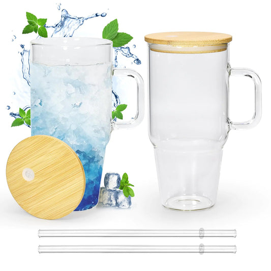 FECBK 20 oz Glass Tumbler with Handle 2 Pack Glass Cups with Lids and Straws Wide Mouth Iced Coffee Cups for Smoothie Cocktail Beer Soda Fruit Juice BPA Free with Bamboo Lids