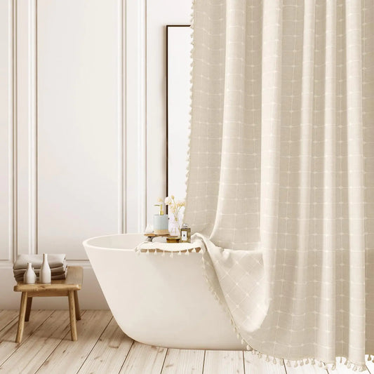 Boho Beige Striped Shower Curtain Farmhouse Polyester- linen Neutral Shower Curtains for BathroomCountry Heavy Duty Bathroom Curtain Set with Tassel - Bohemian Cloth Shower Curtain 72x72 Inch
