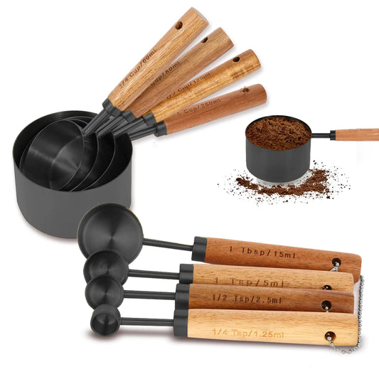 Measuring Cups and Spoons Set with Fragrant Wood Handles 8 Piece Measuring Spoons and Measuring Cups SetPrecision Measuring Cup Set for the Kitchen Enthusiast(Black)