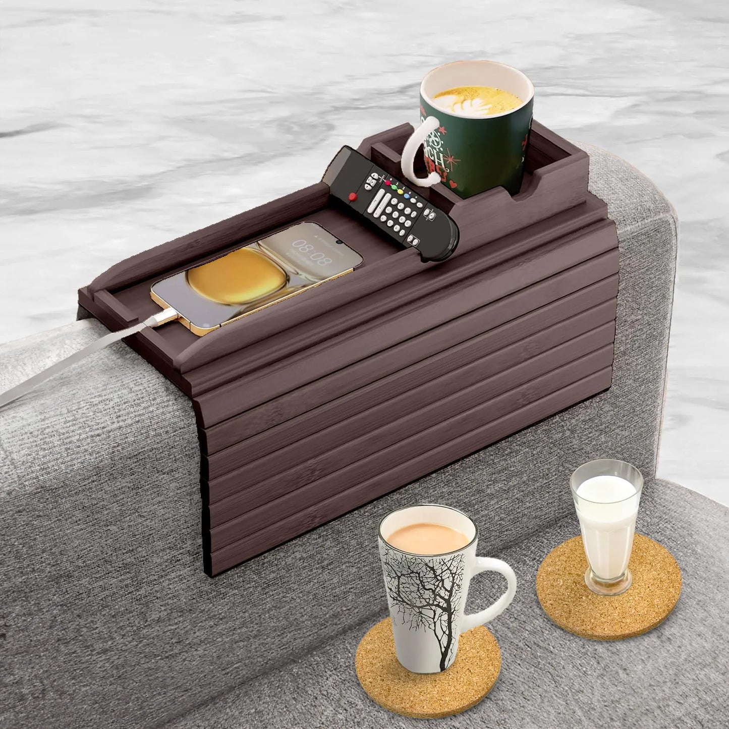 Couch Cup Holder with 2 Cork Coasters | Couch Caddy with Detachable Couch Cup Holder Tray | Anti-Slip Foldable Sofa Table Tray - Cup Holder Tray for Drinks Cup Cellphone Remote Snacks (Walnut)