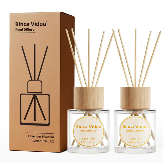 Reed Diffuser Set Binca Vidou Lavender & Vanilla Natural Scent Oil Diffusers with Sticks for Home Office Bathroom Aromatherapy Decor 1.69oz x 2