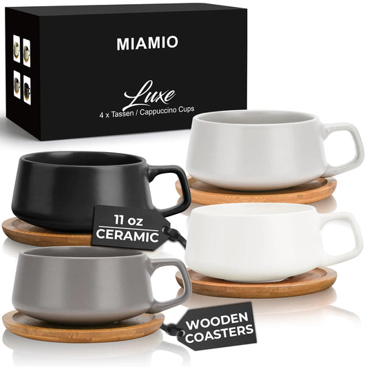 MIAMIO – 11 Oz. Set of 4 Ceramic Tea Cup and Saucer Bamboo/Tea Mug - Wide Cappuccino Cup Coffee Cups Ceramic Mug for Cappuccino Latte Espresso & Americano - Luxe Collection (Classic Pastel)